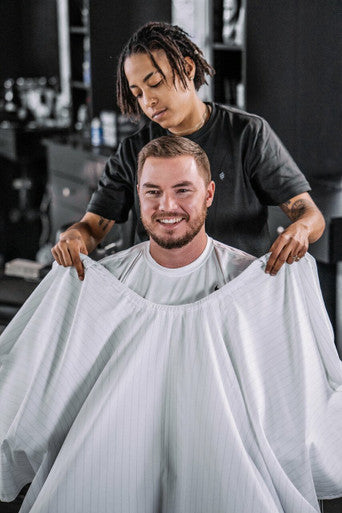BARBER STRONG - The Barber Cape - White w/Black Pinstripe